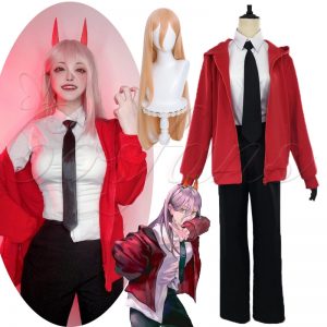 Anime Chainsaw Man Power Cosplay Costume wigs shoes uniform Outfits Red Jacket Hoodies Pants Devil Horn - Chainsaw Man Shop